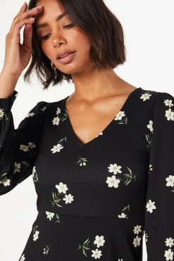 Robe Mini Florale à Manches Longues et Col V