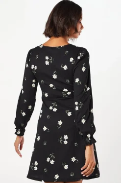 Robe Mini Florale à Manches Longues et Col V