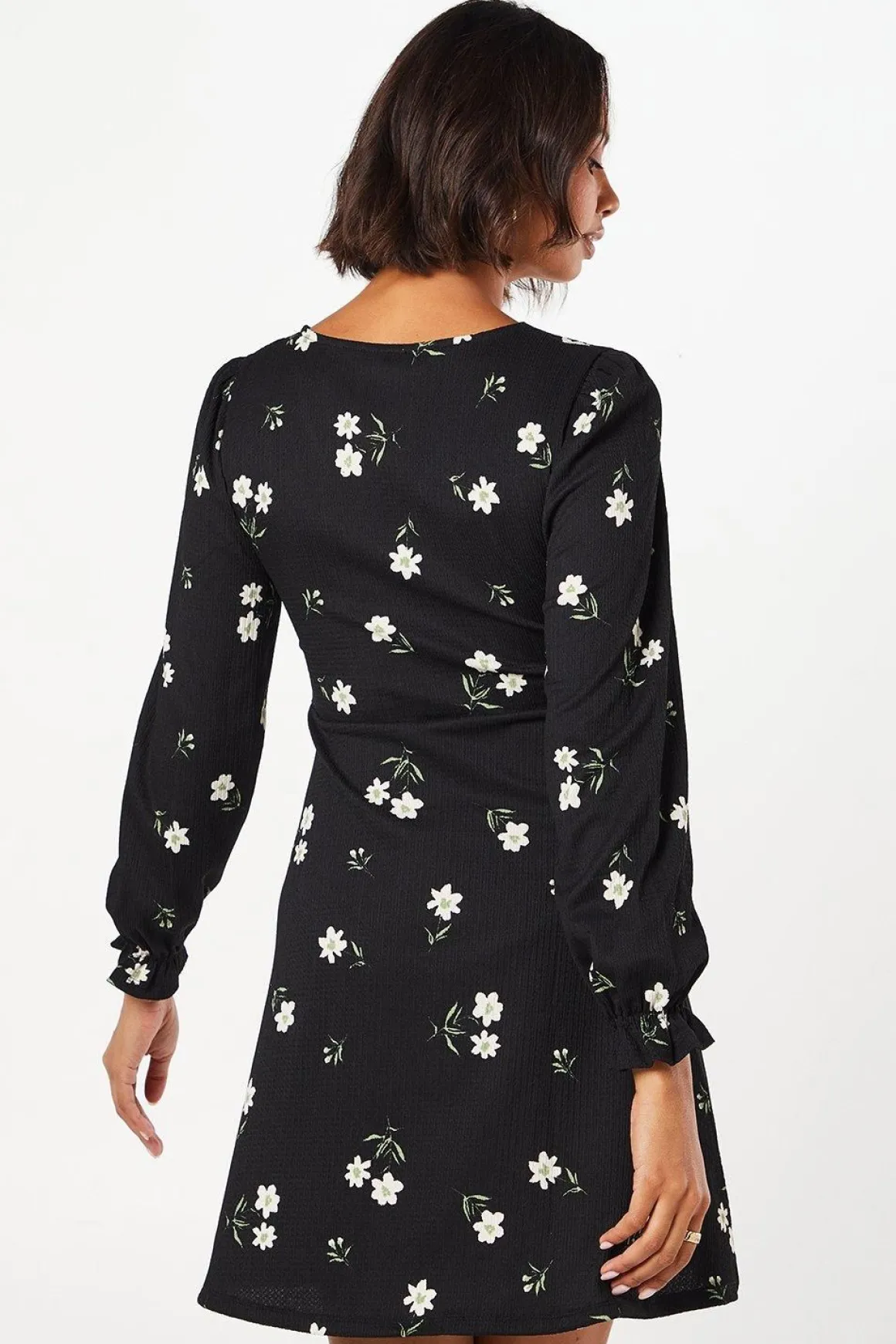 Robe Mini Florale à Manches Longues et Col V