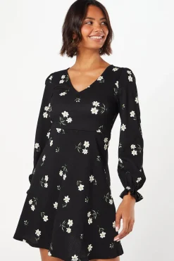 Robe Mini Florale à Manches Longues et Col V