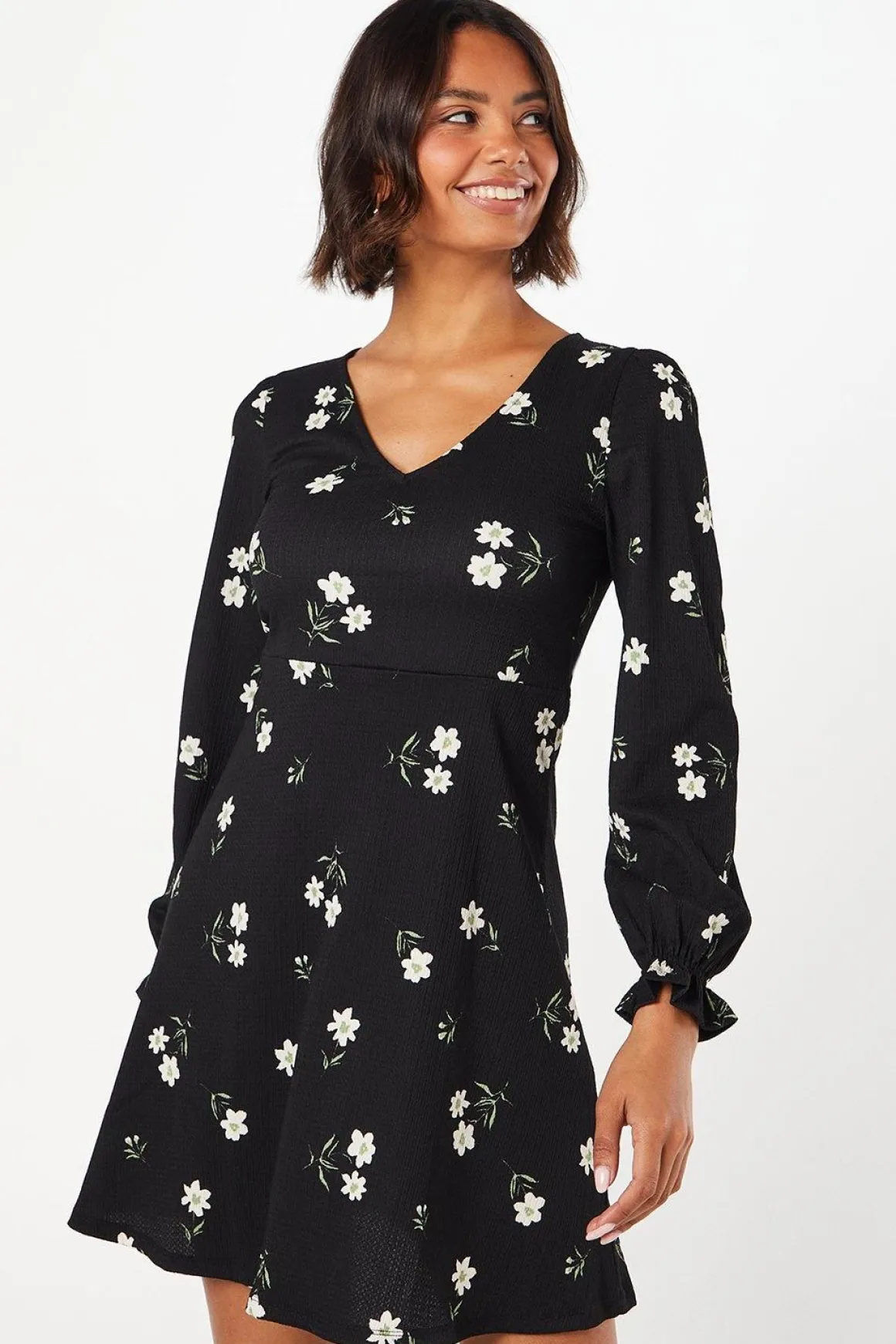 Robe Mini Florale à Manches Longues et Col V