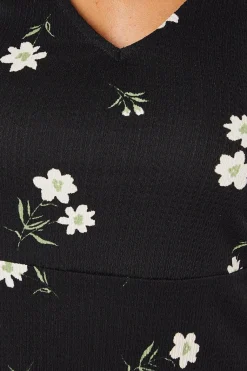 Robe Mini Florale à Manches Longues et Col V