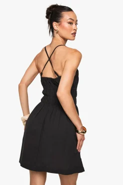 boohoo Robe Mini Froncée Aspect Lin Tall<Femme Robes|Robes Noires