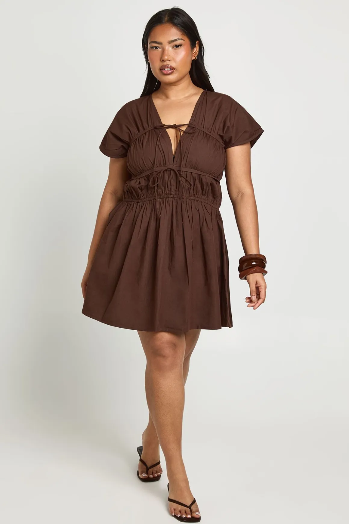 Robe Mini Froncée En Popeline De Coton Grande Taille