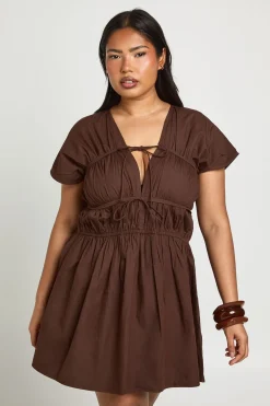 Robe Mini Froncée En Popeline De Coton Grande Taille