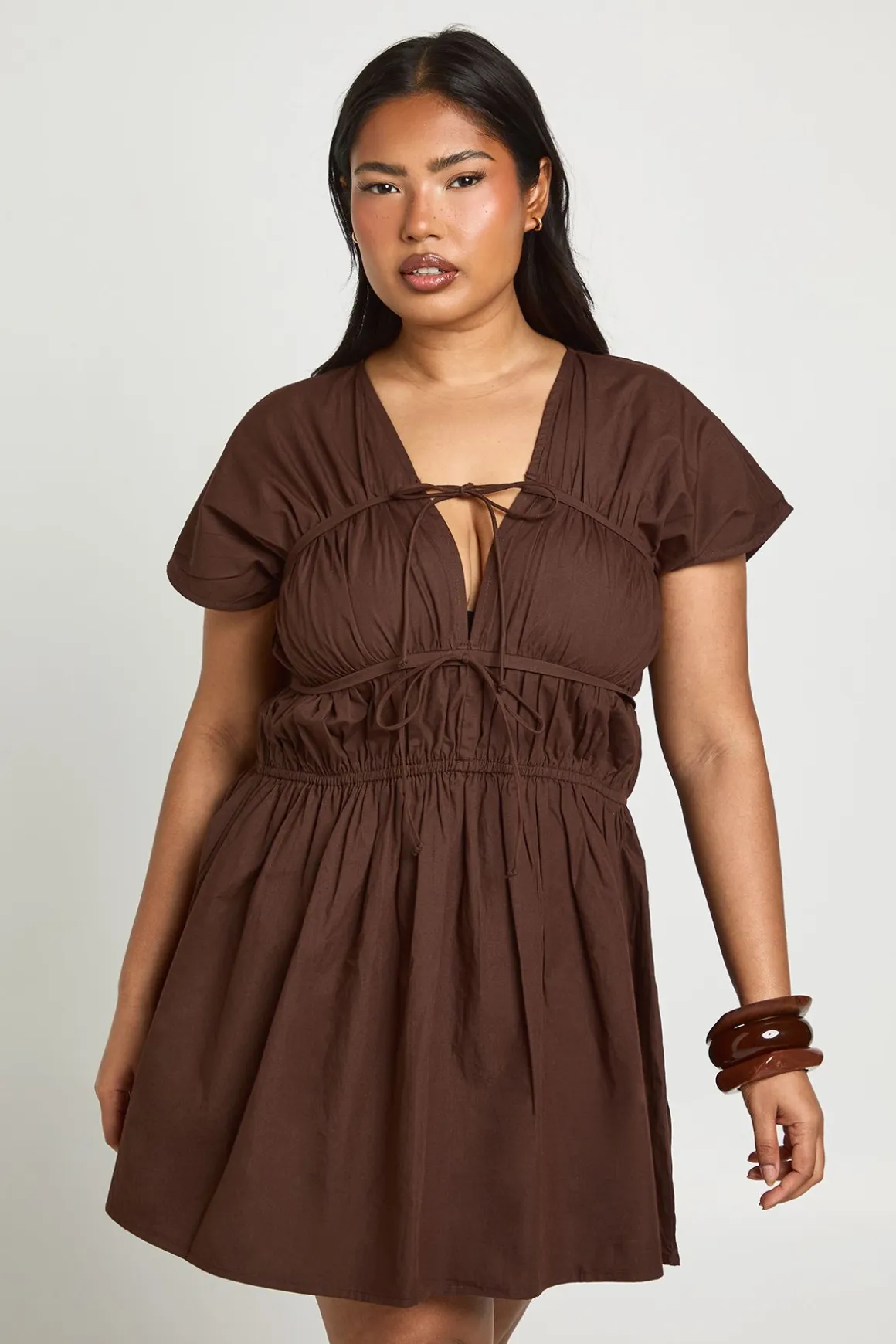 Robe Mini Froncée En Popeline De Coton Grande Taille