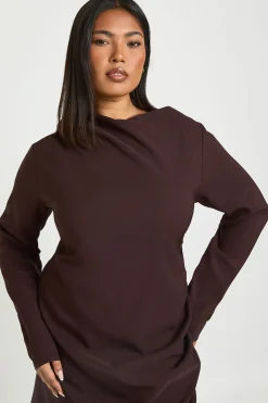 boohoo Robe Mini Froncée à Manches Longues Grande Taille<Femme Looks Chocolat|Robes Moulantes