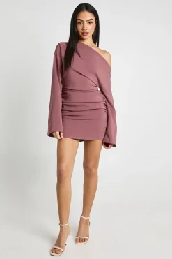 Robe Mini Froncée À Épaules Dénudées Et Manches Évasées