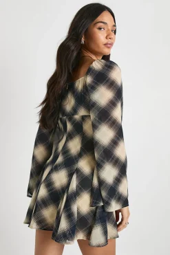 Robe Mini Godet en Chiffon Check