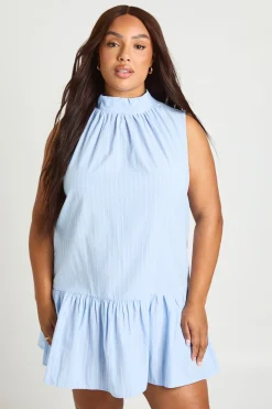 Robe Mini Grande Taille À Col Montant Volant Et Rayures