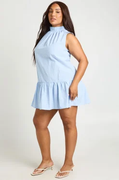 Robe Mini Grande Taille À Col Montant Volant Et Rayures