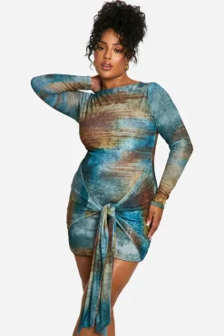 Robe Mini Grande Taille En Mesh Imprimé Avec Nœud Devant