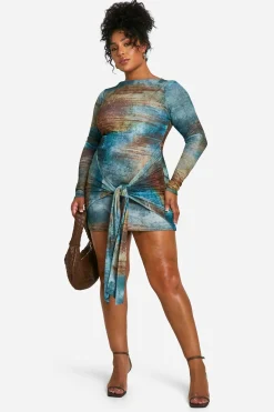 Robe Mini Grande Taille En Mesh Imprimé Avec Nœud Devant