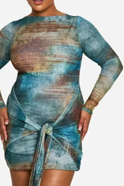 Robe Mini Grande Taille En Mesh Imprimé Avec Nœud Devant