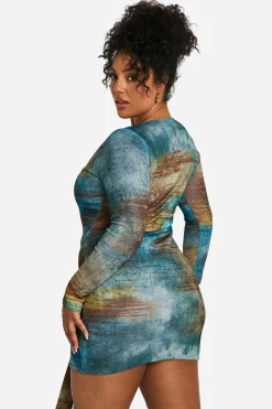 Robe Mini Grande Taille En Mesh Imprimé Avec Nœud Devant