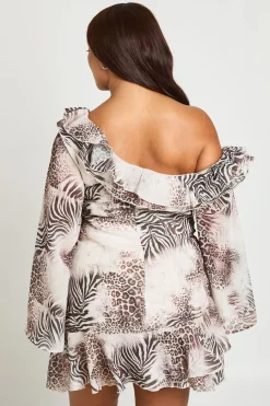 Robe Mini Grande Taille En Mousseline À Volants Et Bretelles Imprimé Animaux Mixte