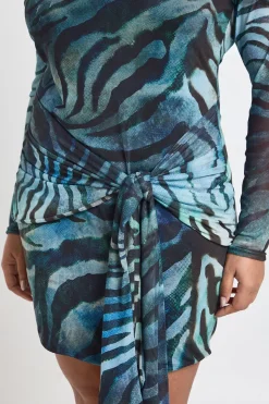 Robe Mini Grande Taille Imprimé Animalier Mixte Col Bardot Avec Nœud Devant