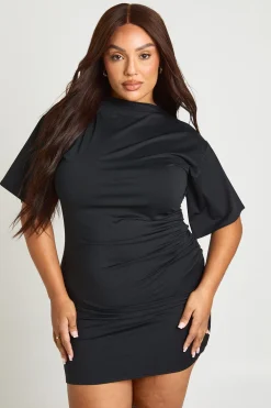 Robe Mini Grande Taille Manches Courtes Taille Froncée Jersey Ultra Doux