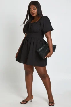 boohoo Robe Mini Grande Taille À Manches Bouffantes Effet Lin<Femme Robes Patineuses|Robes