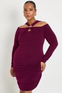 Robe mini grande taille à manches longues, décolleté halter et bordure dorée