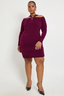 Robe mini grande taille à manches longues, décolleté halter et bordure dorée