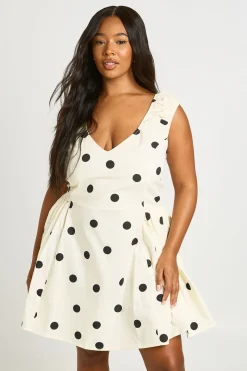 Robe Mini Grande Taille À Pois Col Rond En Popeline