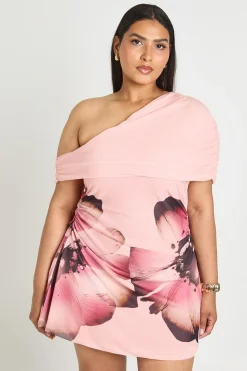 Robe Mini Grande Taille À Une Épaule En Mesh Avec Imprimé Floral Large