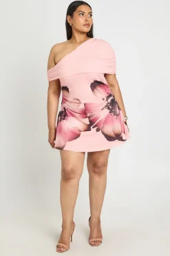 Robe Mini Grande Taille À Une Épaule En Mesh Avec Imprimé Floral Large