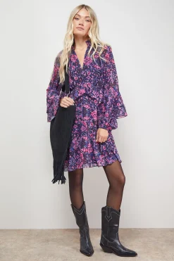 Oasis Robe Mini à Imprimé avec Manches Évasées et Détails Volantés<Femme Robes Bohème|Robes À Manches Longues