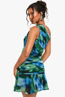 Robe Mini Imprimée Abstraite Froncée à Une Épaule