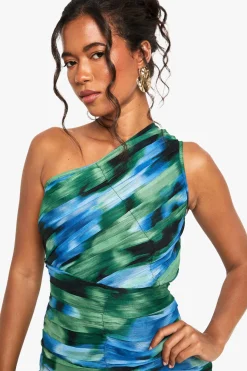 Robe Mini Imprimée Abstraite Froncée à Une Épaule