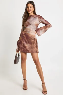 Robe mini imprimée aux paillettes et sequins, décolleté fendu, manches évasées