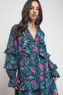 Robe Mini Imprimée Boho à Volants Boutonnée