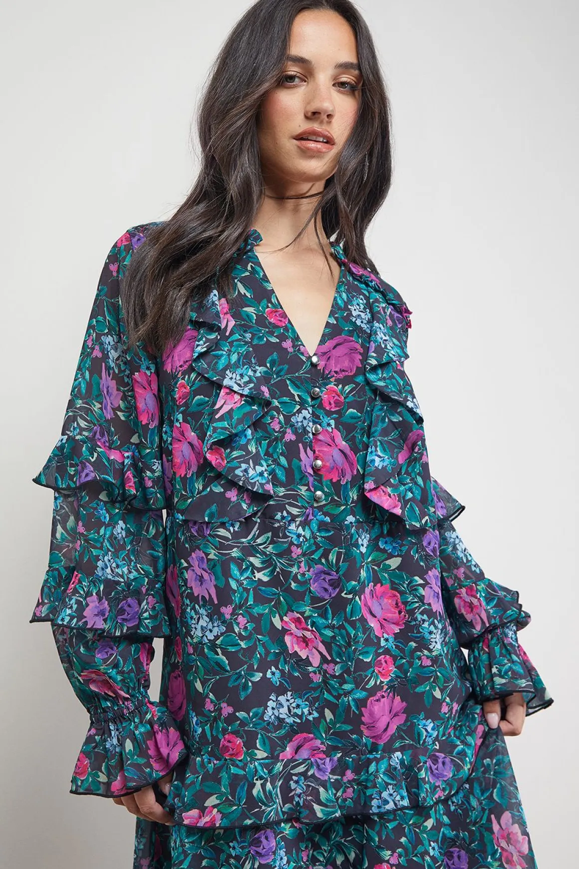 Robe Mini Imprimée Boho à Volants Boutonnée