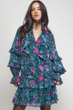 Robe Mini Imprimée Boho à Volants Boutonnée