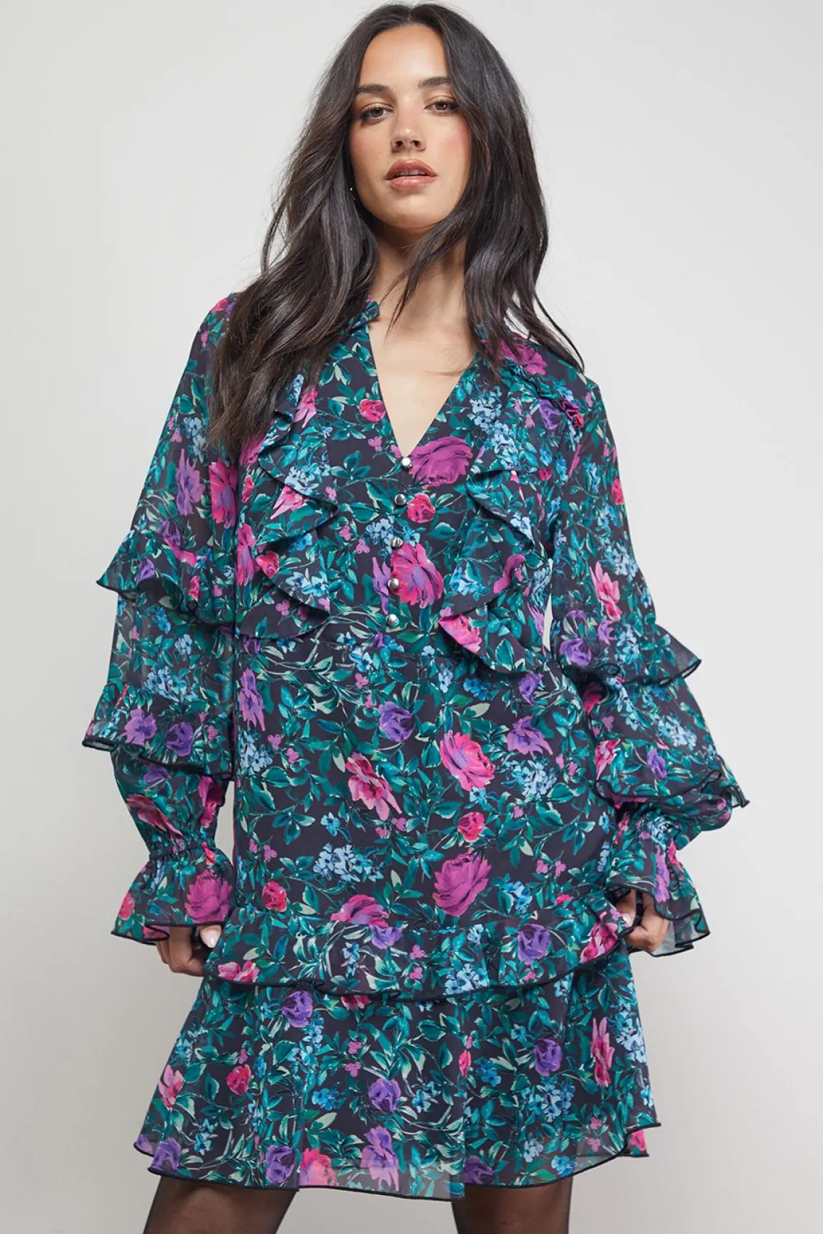 Robe Mini Imprimée Boho à Volants Boutonnée