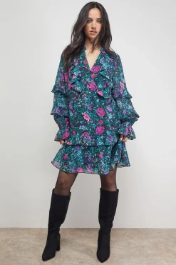 Robe Mini Imprimée Boho à Volants Boutonnée