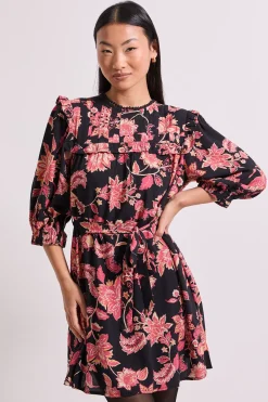 Robe Mini Imprimée à Ceinture avec Détail Empiècement à Volants et Taille Nouée Petite Taille