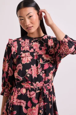 Robe Mini Imprimée à Ceinture avec Détail Empiècement à Volants et Taille Nouée Petite Taille