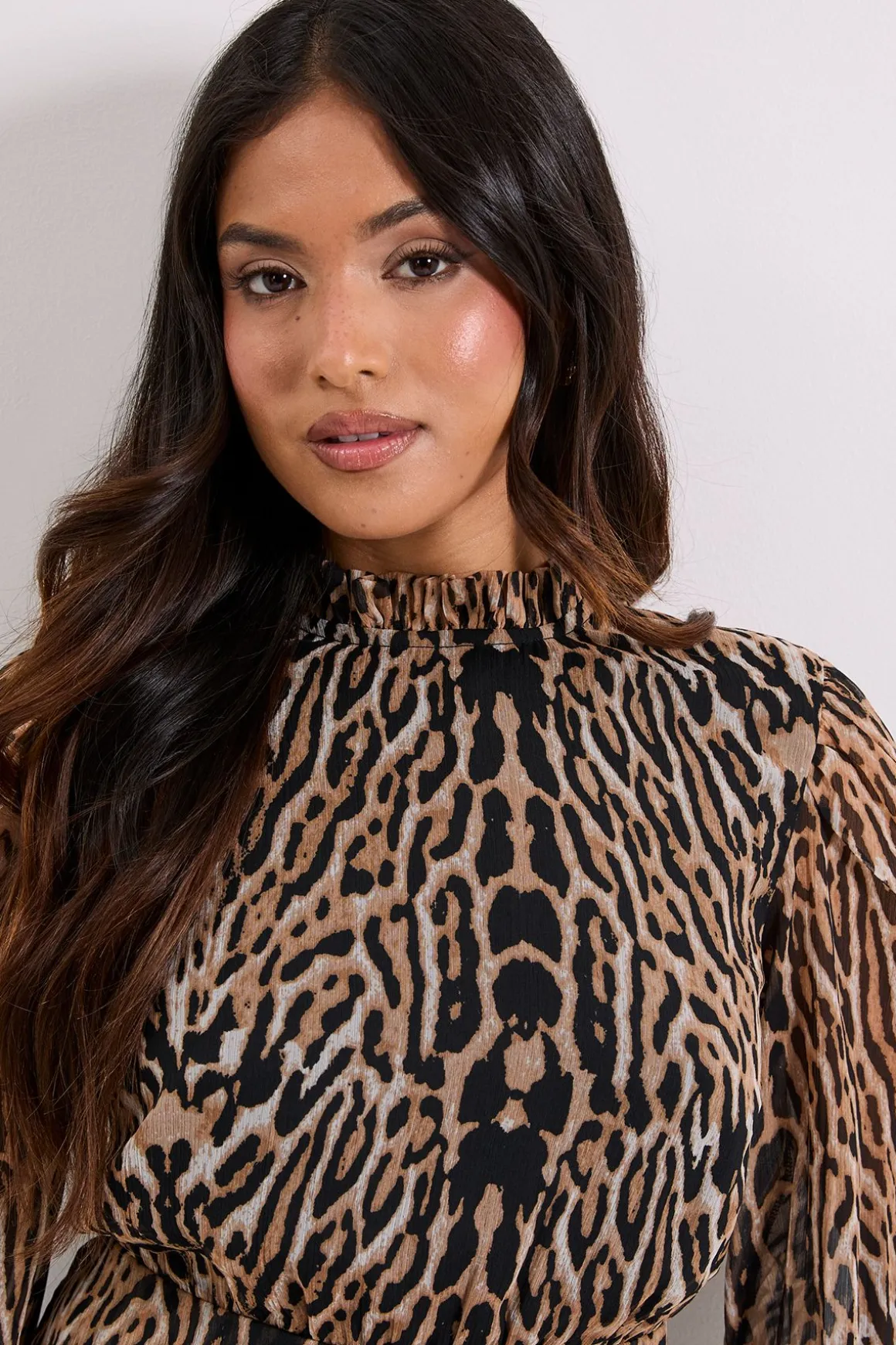 Robe Mini Imprimée à Col Volants et Jupe Étagée Petite Léopard