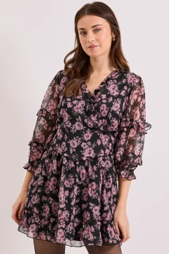 Robe Mini Imprimée à Devant Croisé avec Finitions à Volants Floraux