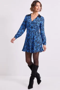 Dorothy Perkins Robe Mini Imprimée à Détail Col en Dentelle Florale Bleue Portefeuille<Femme Satin Et Dentelle|Robes À Manches Longues