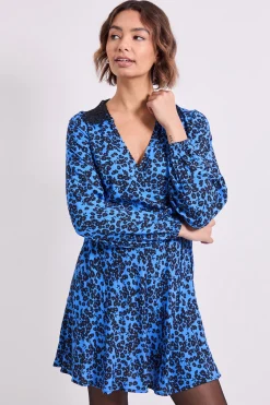 Dorothy Perkins Robe Mini Imprimée à Détail Col en Dentelle Florale Bleue Portefeuille<Femme Satin Et Dentelle|Robes À Manches Longues
