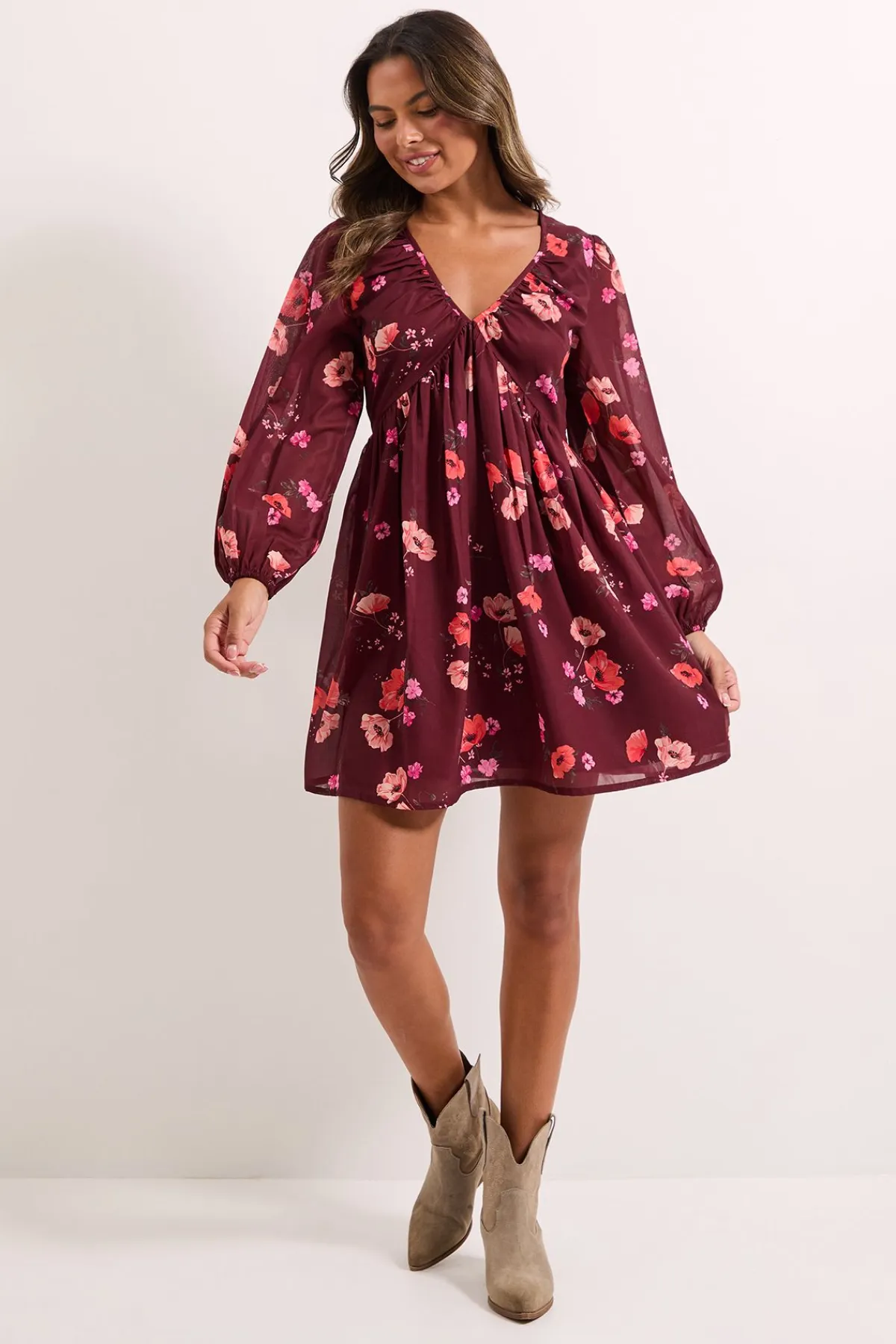 Dorothy Perkins Robe Mini Imprimée à Manches Bouffantes et Couture Empire e<Femme Toutes Les Robes|Robes À Manches Longues