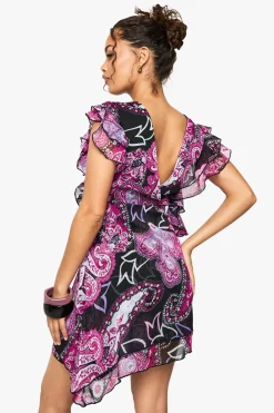 Robe mini imprimée paisley avec détails à volants et garniture en dentelle