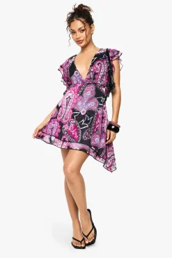 Robe mini imprimée paisley avec détails à volants et garniture en dentelle
