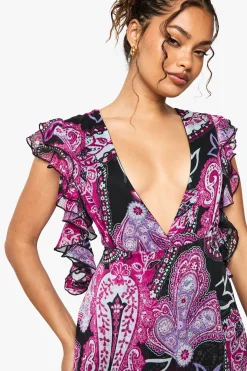 Robe mini imprimée paisley avec détails à volants et garniture en dentelle