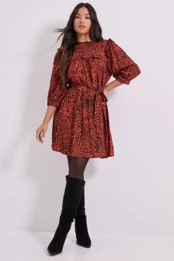 Robe Mini Imprimée Petite Taille avec Ceinture Nouée et Détail Volant à l'Empiècement