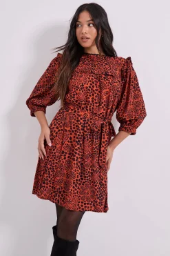 Robe Mini Imprimée Petite Taille avec Ceinture Nouée et Détail Volant à l'Empiècement