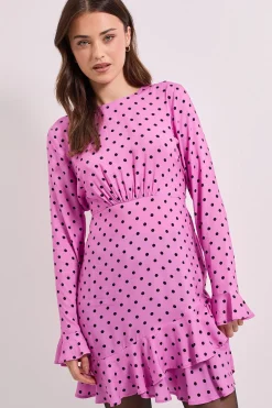Robe Mini Imprimée à Pois Violets avec Détails Volantés aux Manches